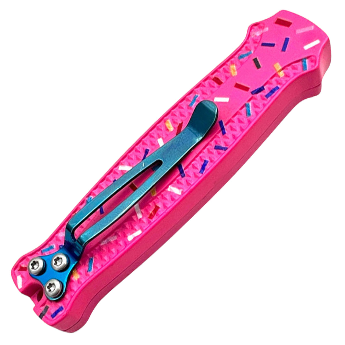 Pink cupcake micro OTF knife with blue blade
