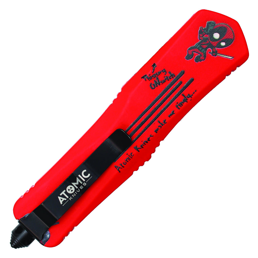 Atomic red automatic OTF knife handle detail