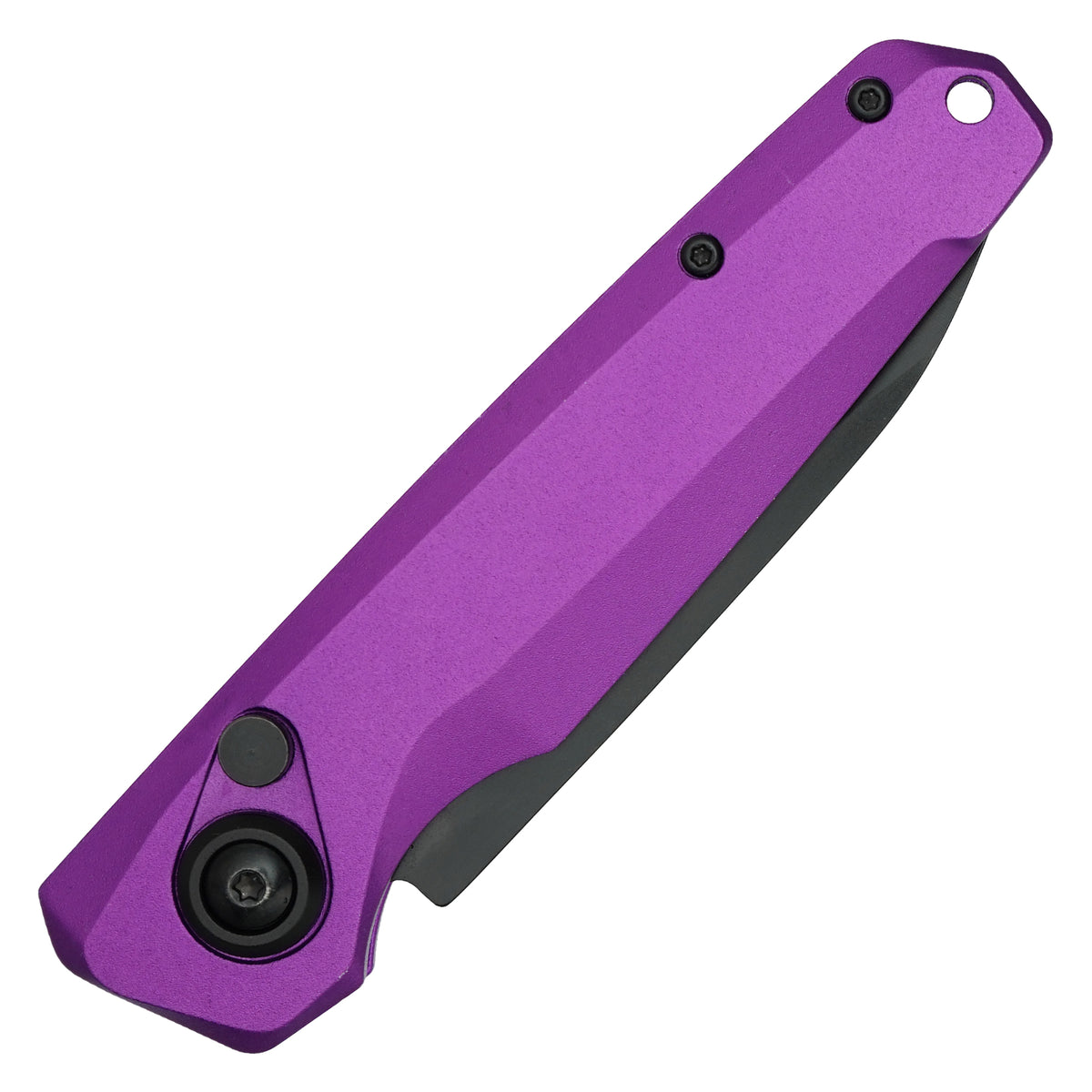 Atomic purple automatic knife blade detail