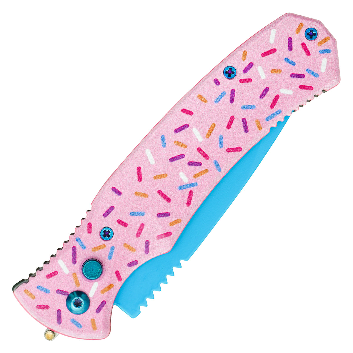 Cupcake sprinkle pink push button automatic knife with blue blade