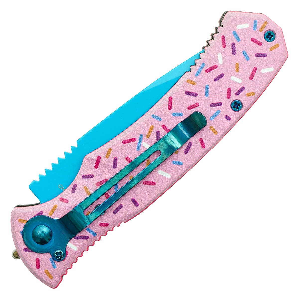 Cupcake sprinkle pink push button automatic knife side view