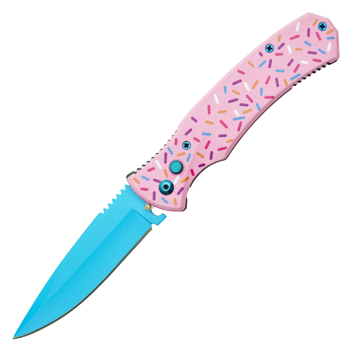 Cupcake sprinkle pink push button automatic knife handle detail