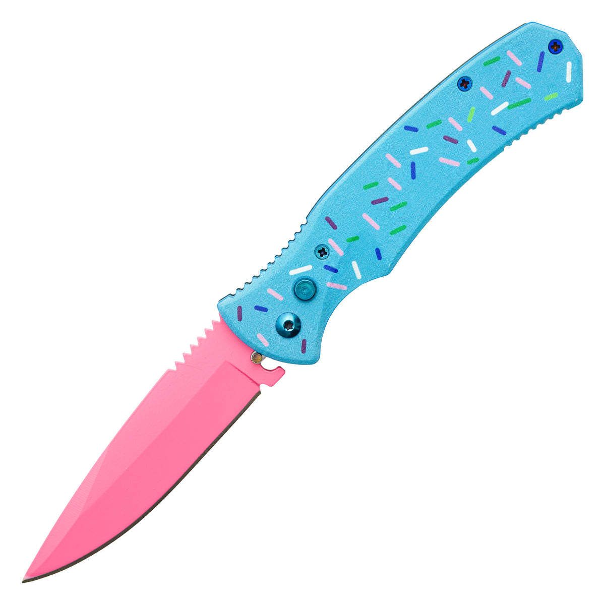 Cupcake sprinkle blue push button automatic knife handle detail