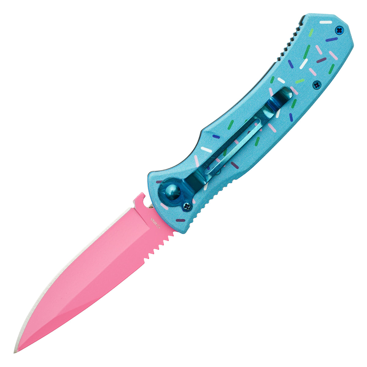 Cupcake sprinkle blue push button automatic knife with pink blade