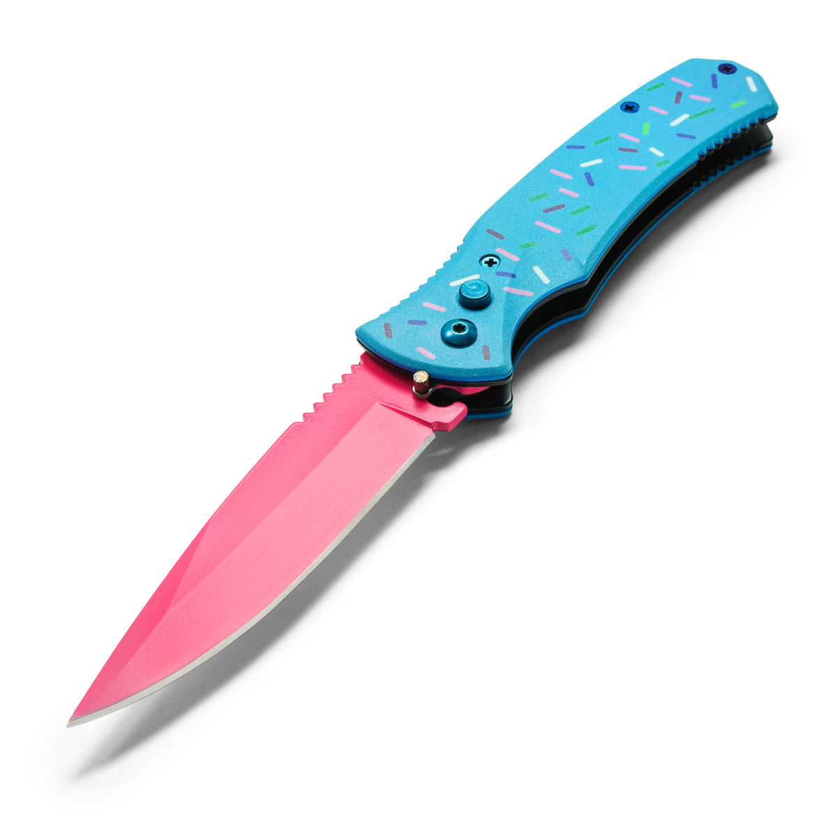 8.25 inch cupcake sprinkle blue aluminum push button automatic knife
