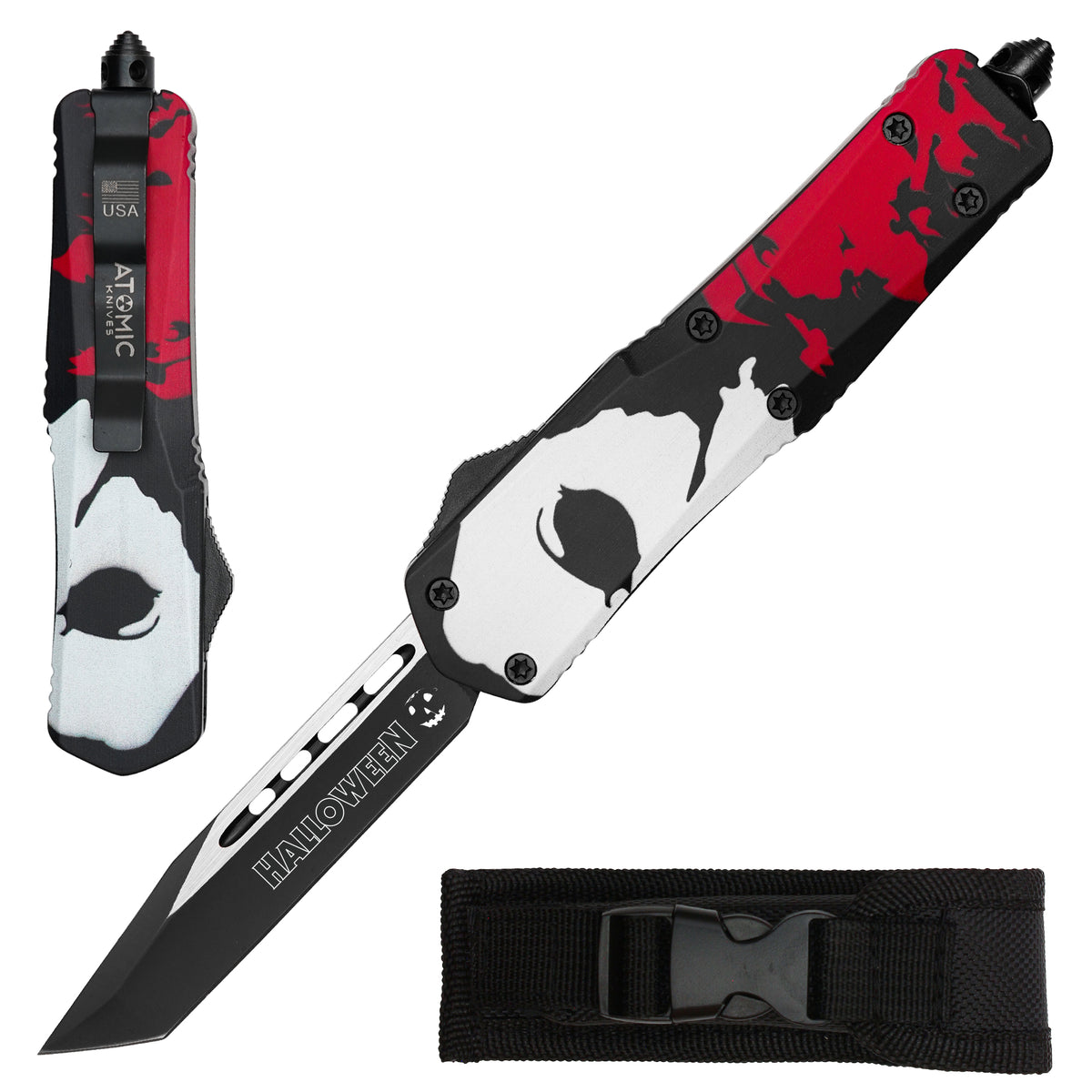 Atomic 9 inch black bloody print tanto dual action OTF knife