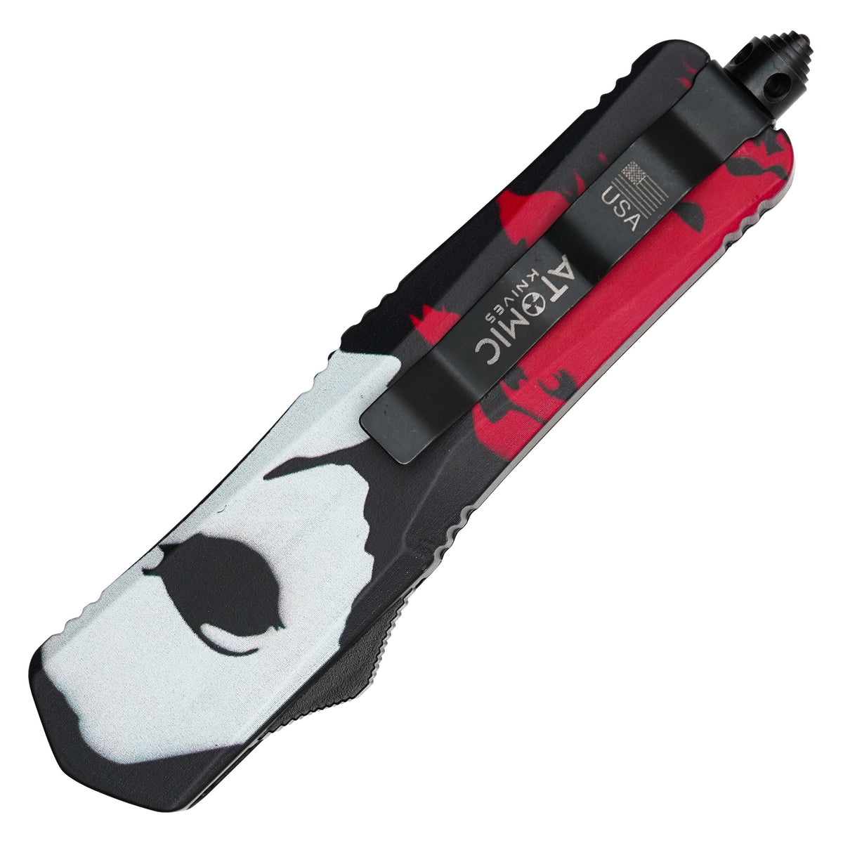 Atomic black bloody print OTF knife handle detail