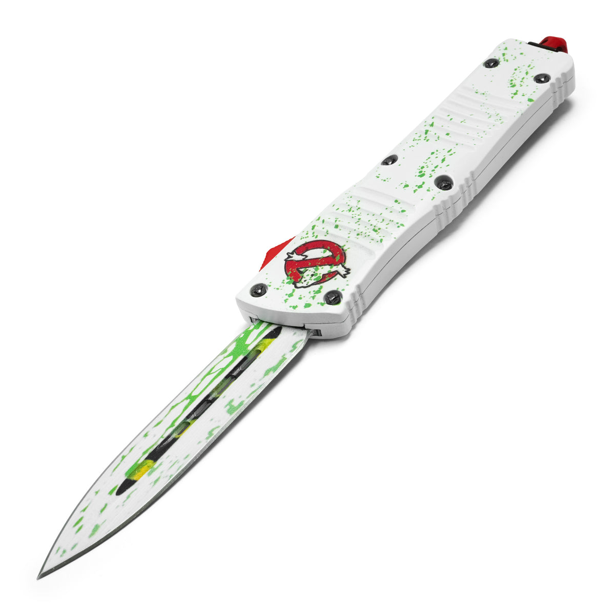 Atomic 9.5 inch white and red slime print dual action OTF knife