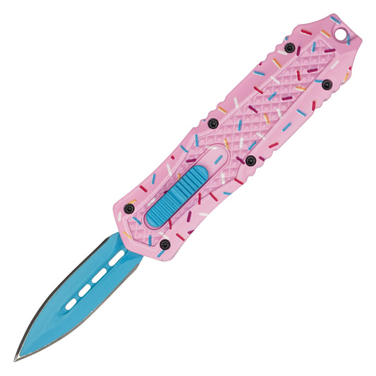 Pink confetti cupcake micro OTF knife closed