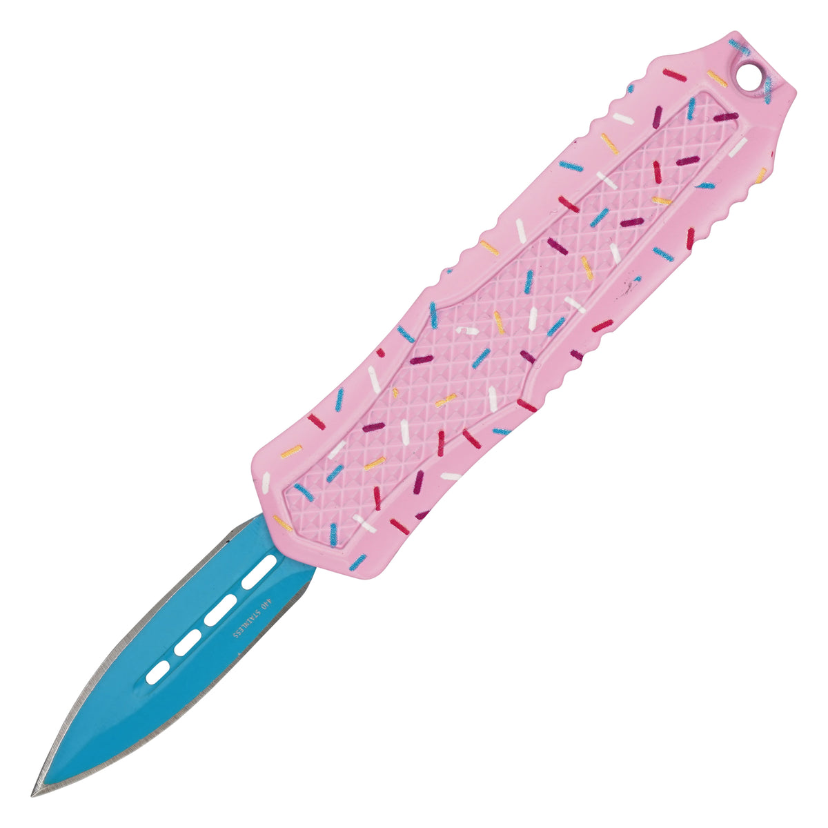 Pink confetti cupcake micro OTF knife side view
