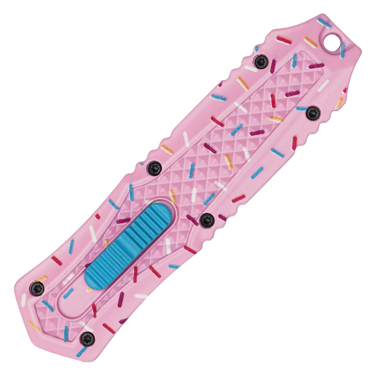 Pink confetti cupcake micro OTF knife handle detail