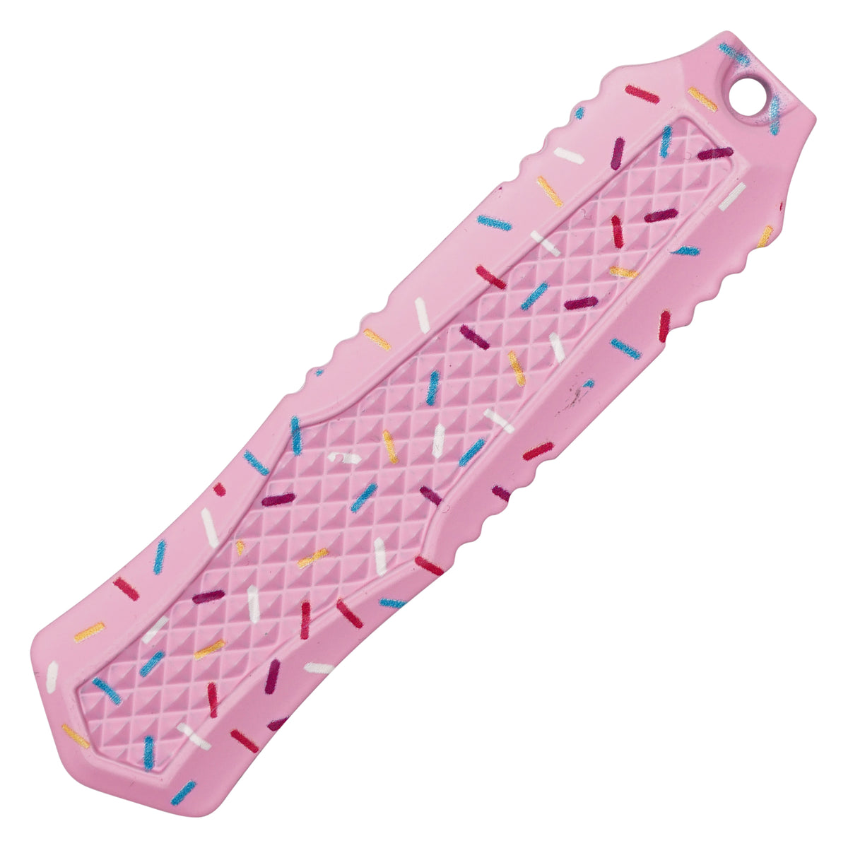 Pink confetti cupcake micro OTF knife blade detail