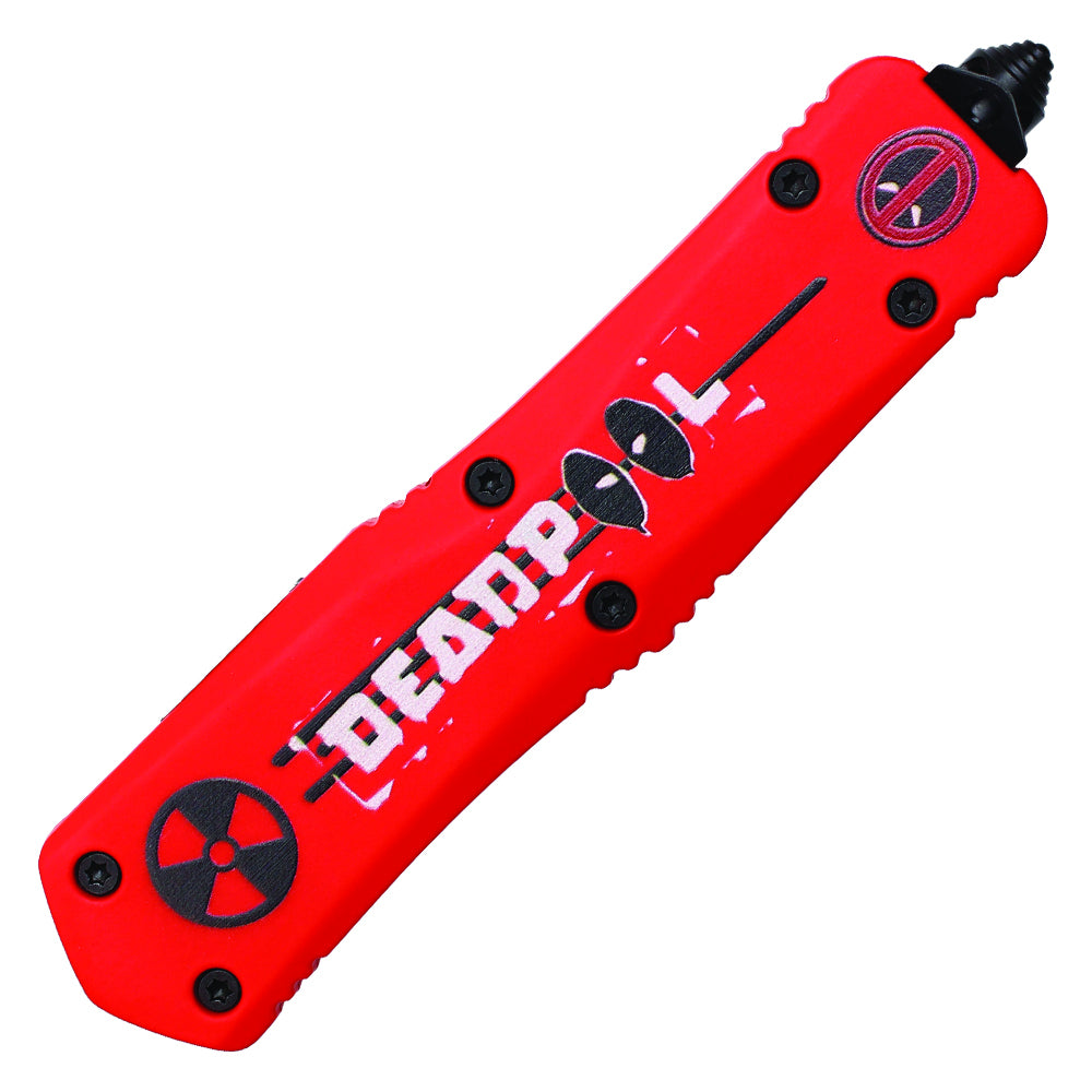 Atomic red automatic OTF knife blade detail